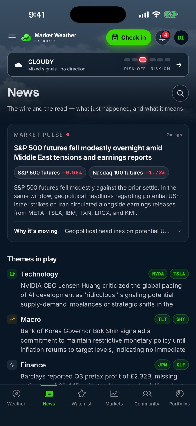 Market Weather app screen: News that explains